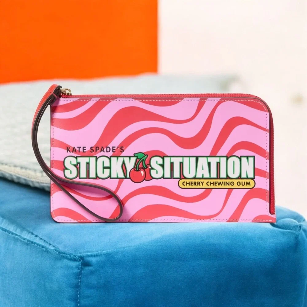 Kate Spade Sticky Situation Red & Pink Smooth Leather Bubble Gum L-Zip Wristlet - Picture 1 of 11